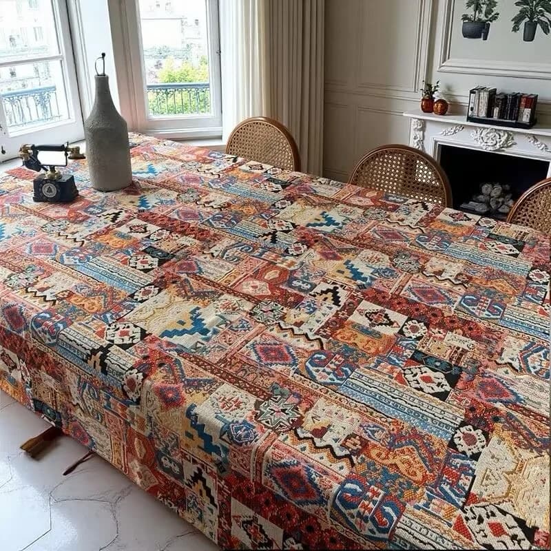 Retro boho obrus żakardowy z geometrycznym wzorem