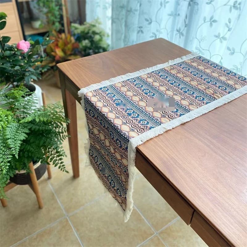 Bieżnik na stół w geometryczne wzory boho, mieszanka bawełny i lnu